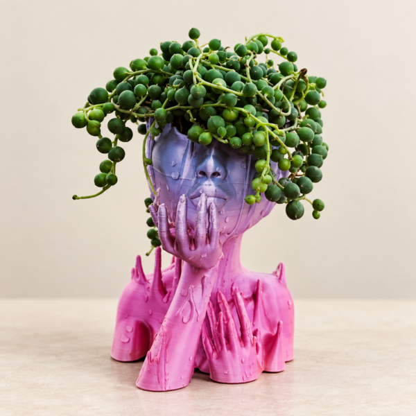 Macetero 3D Mil ideas en la cabeza - vista principal Macetero escultórico impreso en 3D de 20 cm en tonos rosa y violeta con planta colgante ilustrativa