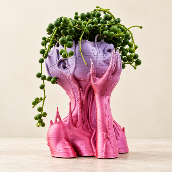 Vista lateral del macetero escultórico impreso en 3D de 20 cm con planta colgante ilustrativa