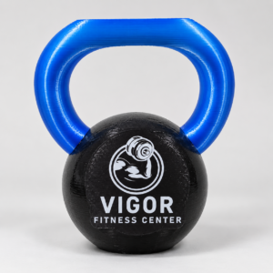 Pesa rusa decorativa impresa en 3D personalizada con logo Vigor Fitness Center y asa azul
