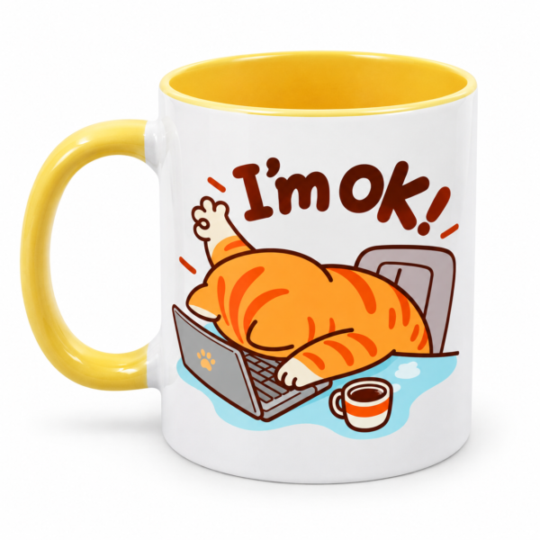Taza para diseñadores I’m OK con interior y asa amarillos – vista 3